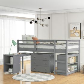 Low Study Twin Loft Bed with Cabinet and Rolling Portable Desk