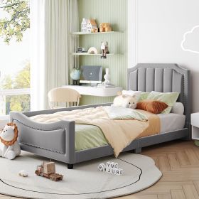 Twin Size Upholstered Daybed with Classic Stripe Shaped Headboard, Gray