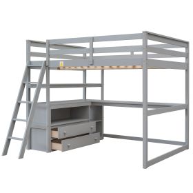 Full-Size Loft Bed, Integrated Desk and Shelves, Two Built-In Drawers, Stylish Gray