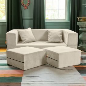 homJaxx Zipline Convertible Sleeper Loveseat & Ottomans, Textured Microvelvet - Ivory