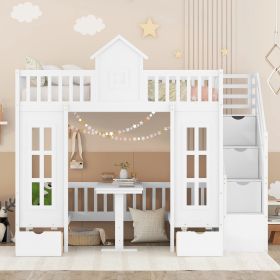 Twin-Over-Twin Bunk Bed with Changeable Table ;  Bunk Bed Turn into Upper Bed and Down Desk with 2 Drawers