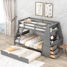 Twin over Full Bunk Bed with Trundle and Built-in Desk;  Three Storage Drawers and Shelf