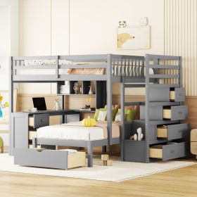 Full Over Twin Bunk Bed with Desk, Drawers and Shelves, Gray