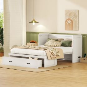 Queen Size Murphy Bed with USB Port and a Large Drawer, White