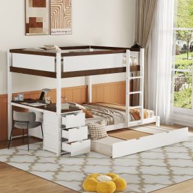 Full-Over-Full Bunk Bed with Twin size Trundle, Storage and Desk, White+Walnut