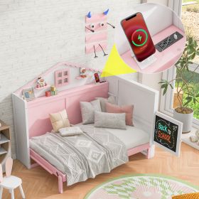 Wood Twin Size House Murphy Bed with USB, Storage Shelves and Blackboard, Pink+White