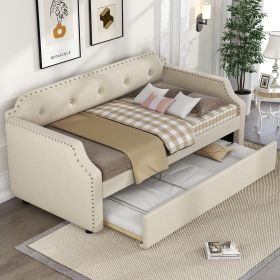 Upholstered Daybed with Trundle, Wood Slat Support,Upholstered Frame Sofa Bed, Twin, Beige