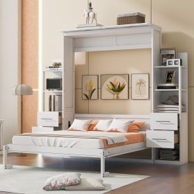 Queen Size Murphy Bed Wall Bed with Shelves, Drawers and LED Lights,White