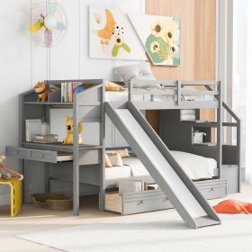 Twin over Twin Bunk Bed with Storage Staircase, Slide and Drawers, Desk with Drawers and Shelves, Gray