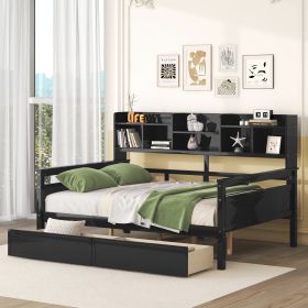 Full size Daybed, Wood Slat Support, with Bedside Shelf and Two Drawers, Espresso