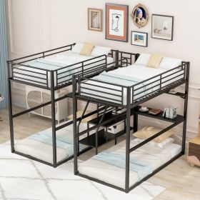 Double Twin over Twin Metal Bunk Bed with Desk, Shelves and Storage Staircase, Black