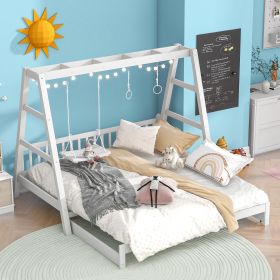 Extendable Twin Daybed with Swing and Ring Handles, White(Twin bed can be pulled out to be King)