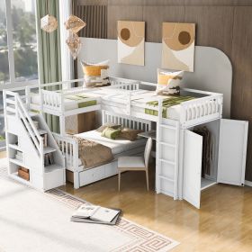 Twin-Twin over Full L-Shaped Bunk Bed With 3 Drawers, Portable Desk and Wardrobe, White