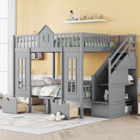 Full-Over-Full Bunk Bed with Changeable Table, Bunk Bed Turn into Upper Bed and Down Desk -Gray