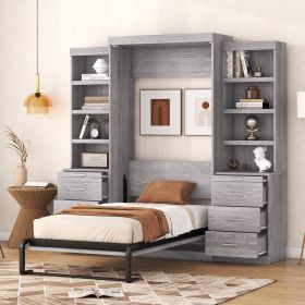 Twin Size Murphy Bed with Storage Shelves and Drawers, Gray