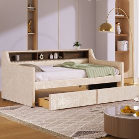 Twin Size Snowflake Velvet Daybed with Two Storage Drawers and Built-in Storage Shelves,Beige