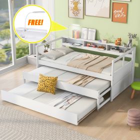 Twin XL Wood Daybed with 2 Trundles, 3 Storage Cubbies, 1 Light for Free and USB Charging Design, White