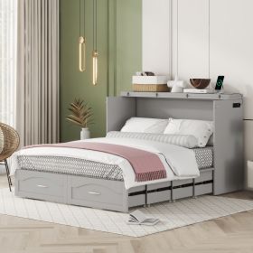 Queen Size Murphy Bed Wall Bed with drawer and a set of Sockets & USB Ports, Pulley Structure Design, Gray