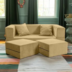 Jaxx Zipline Convertible Sleeper Loveseat & Ottomans (Option: Textured Microvelvet - Camel)