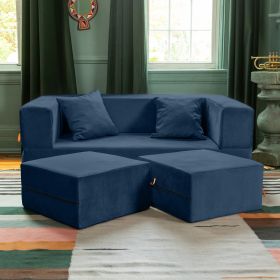 Jaxx Zipline Convertible Sleeper Loveseat & Ottomans (Option: Textured Microvelvet - Indigo)