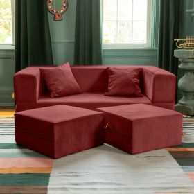 Jaxx Zipline Convertible Sleeper Loveseat & Ottomans (Option: Textured Microvelvet - Berry Red)