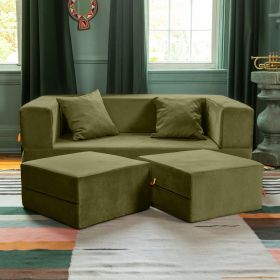 Jaxx Zipline Convertible Sleeper Loveseat & Ottomans (Option: Textured Microvelvet - Moss)