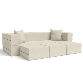 Jaxx Zipline Convertible Sleeper Sofa & Three Ottomans / California King-Size Bed (Option: Textured Microvelvet - Ivory)