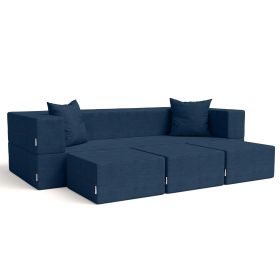 Jaxx Zipline Convertible Sleeper Sofa & Three Ottomans / California King-Size Bed (Option: Textured Microvelvet - Indigo)